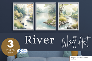 River Watercolor Landscape Print Art, a Poster Template by MagicLove Creations