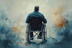 Man in wheelchair facing an abstract, a Photo by Tanuart