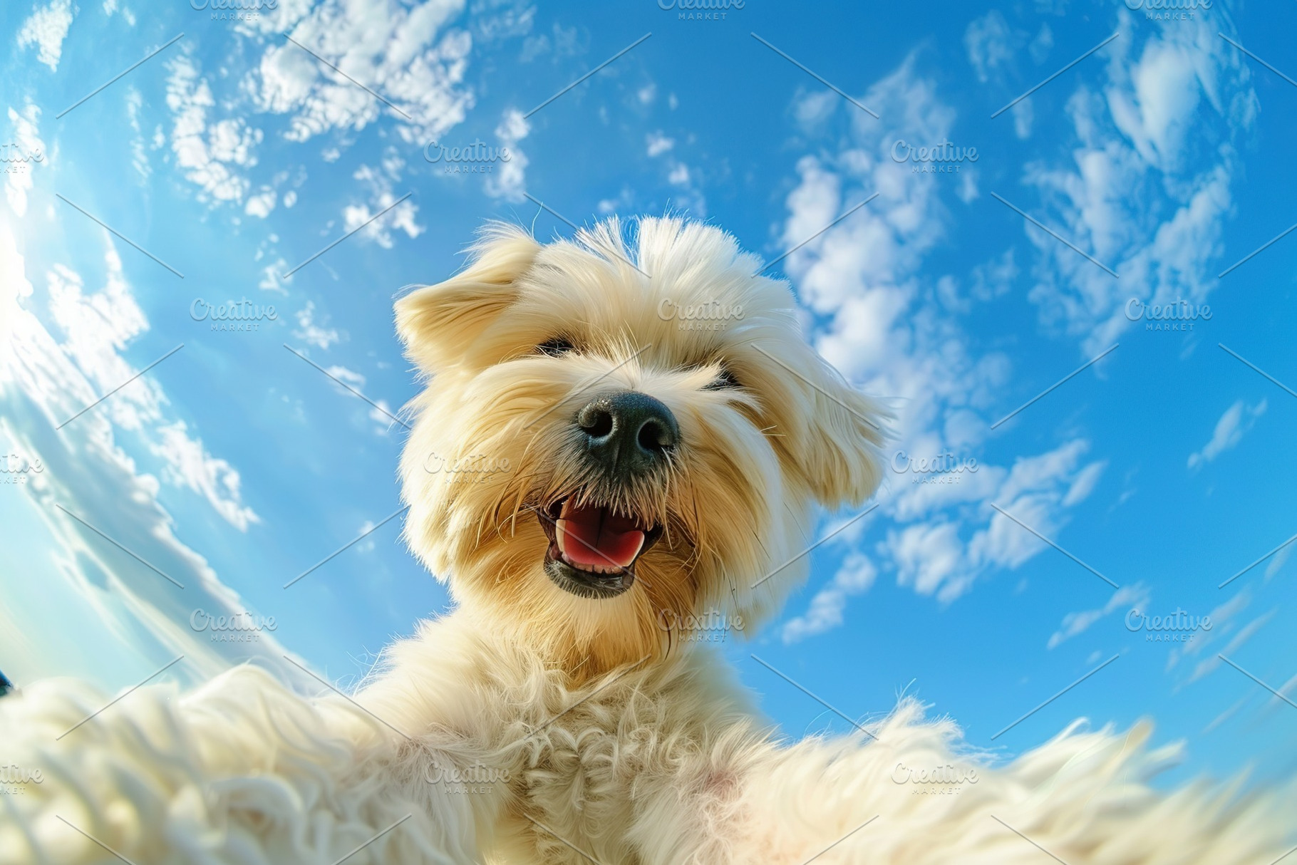 Dog taking a selfie on blue sky background, an Animal Photo by AlyaAnd