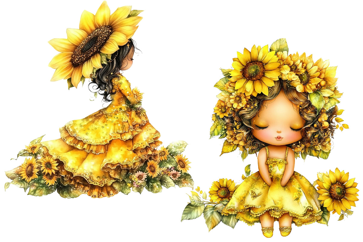 Whimsical Sunflowers Girls Clipart, a Seasonal Illustration by CitraGraphics (Photo 4 of 6)
