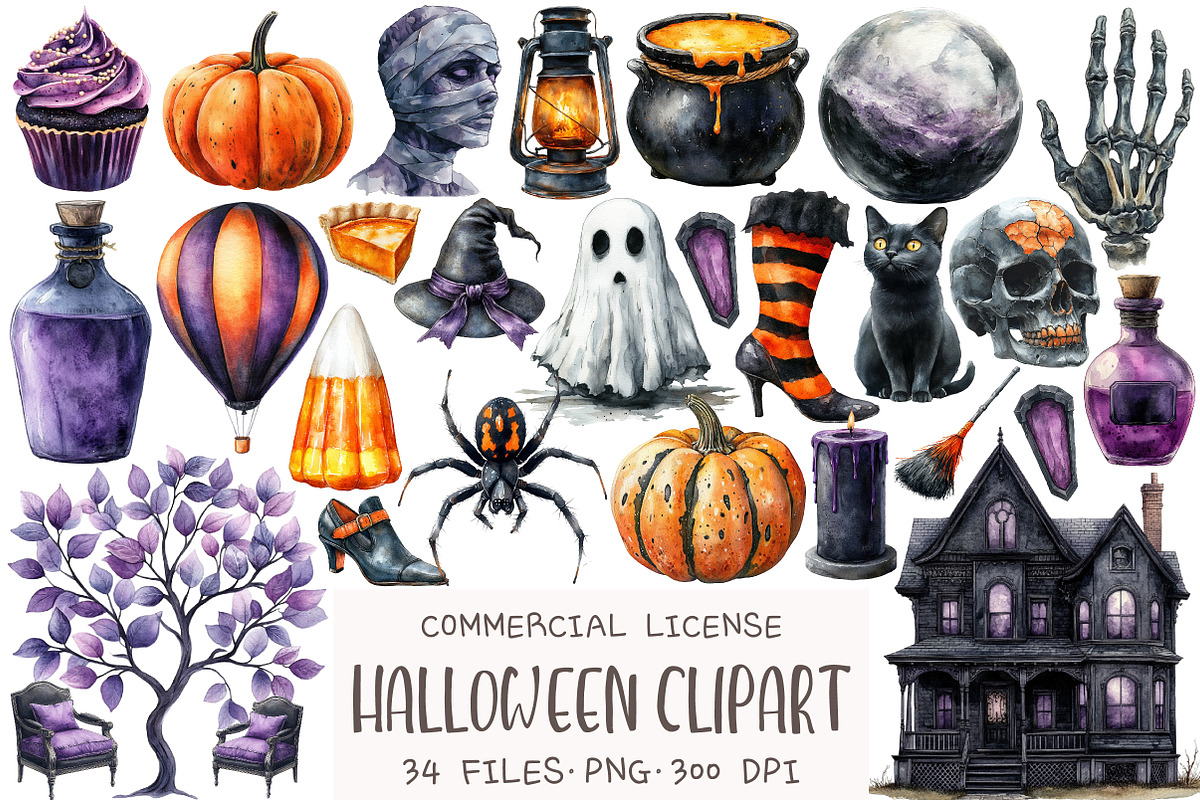 Watercolor Halloween Clipart, an Illustration by OK Design (Photo 1 of 5)