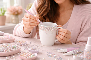 Woman decorating mug with crystals at home, craft concept, a Photo by Dvoevnore photos