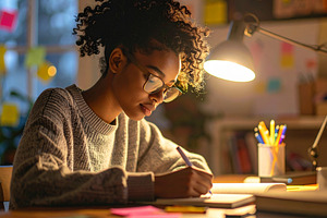 Teenager at a desk with a notebook, post-it notes, and highlight, a School & Education Photo by DanFLCreativo