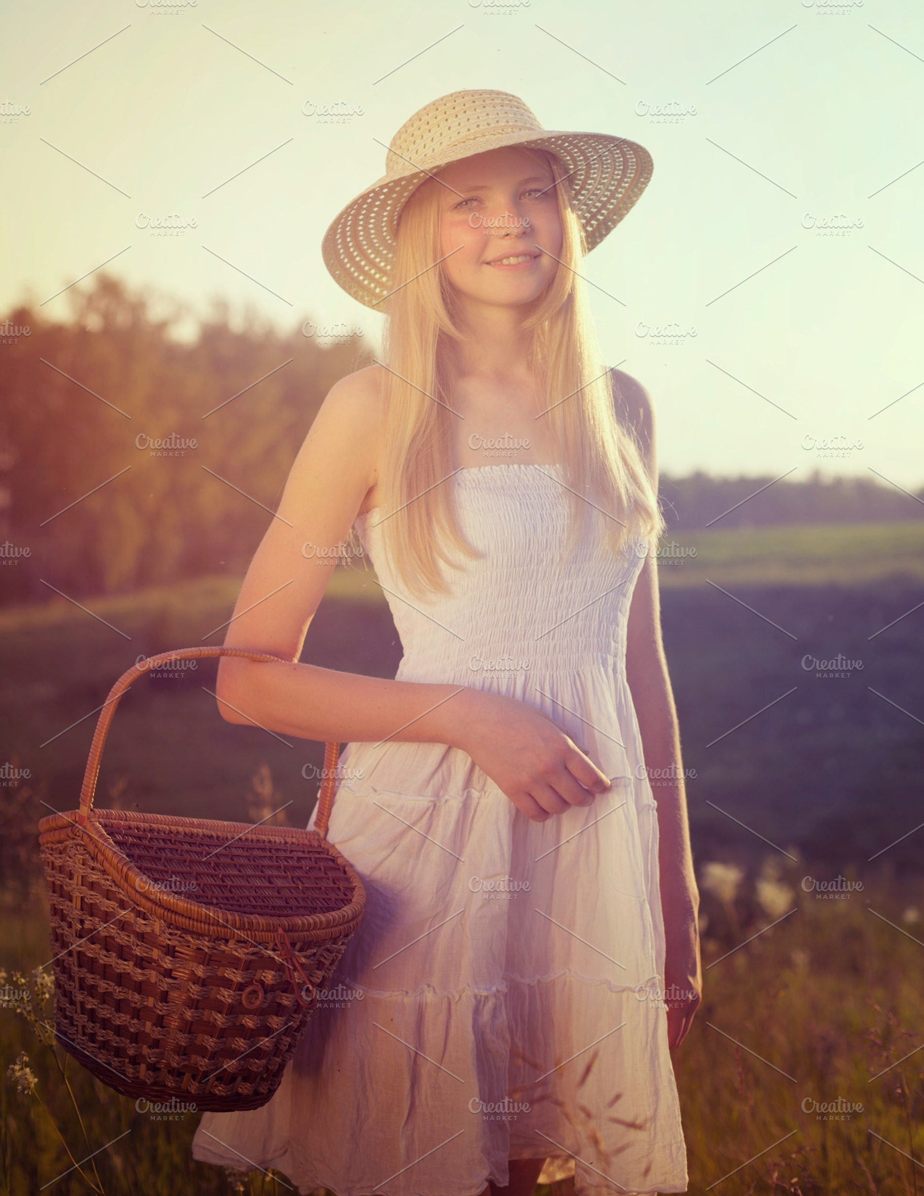 Girl with basket stock photo containing basket and beautiful