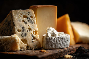 Cheese display on a wooden board, a Photo by Beautiful things