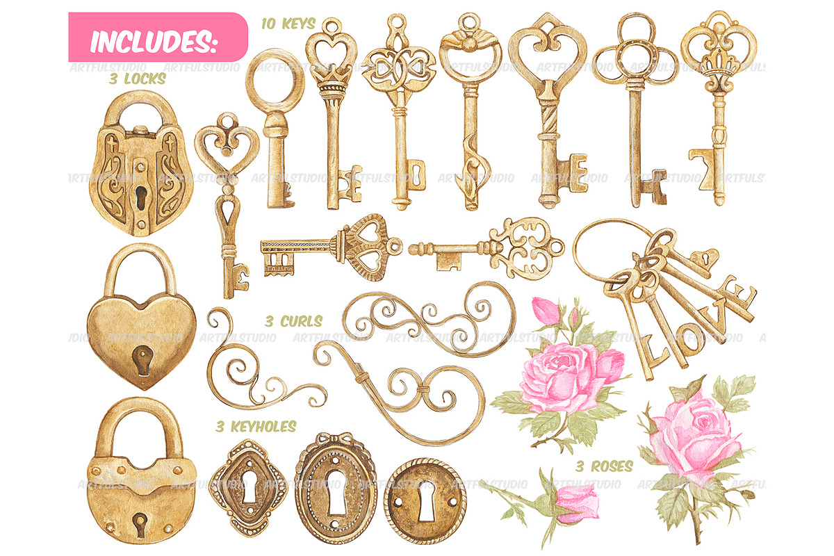 Watercolor vintage Keys and locks, an Object Illustration by ArtfulStudio (Photo 2 of 9)