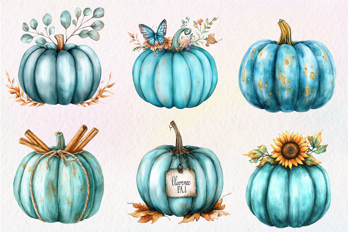 Watercolor Teal Pumpkins Clipart, an Illustration by CreationArt (Photo 3 of 5)