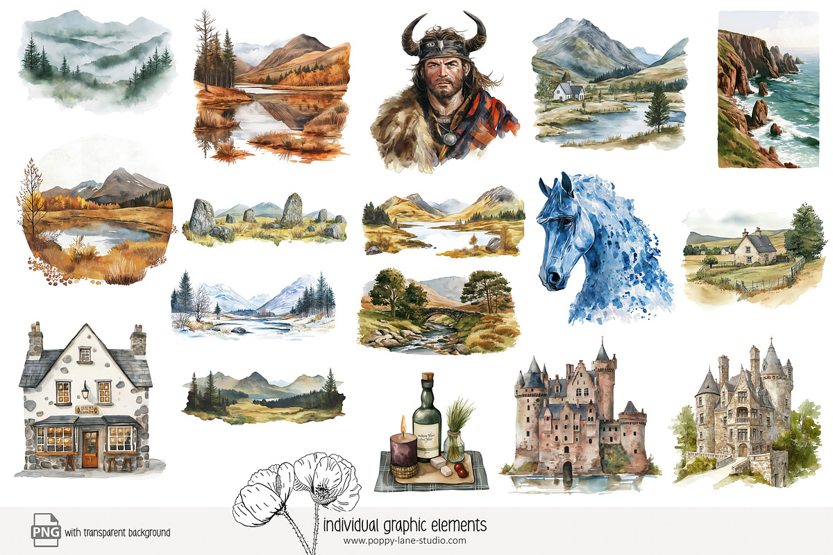 100 watercolour Scotland clip art, a Person Illustration by Poppy Lane Studio (Photo 3 of 10)
