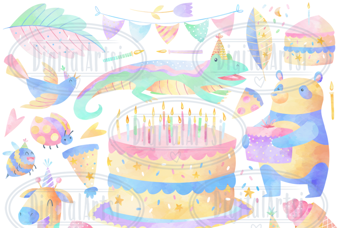 Watercolor Birthday Animals Clipart, an Animal Illustration by DigitalArtsi (Photo 2 of 2)