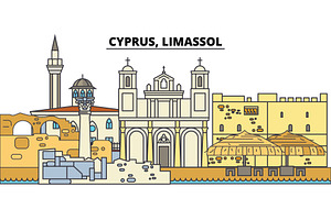 Cyprus, Limassol. City Skyline, Architecture, Buildings, Streets, Silhouette, Landscape, Panorama, Landmarks. Editable Strokes. Flat Design Line Vecto