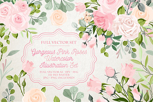 Watercolor Pink Roses Vector Set, a Decorative Illustration by FourLeafLover