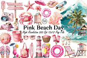 Watercolor Pink Beach Day Clipart, an Illustration by DreamCafeArt (Thumbnail 1 of 8)