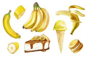 Watercolor banana delicious set