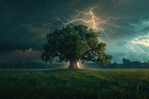 Bright lightning hitting the tree on green meadow, a Photo by AlyaAnd