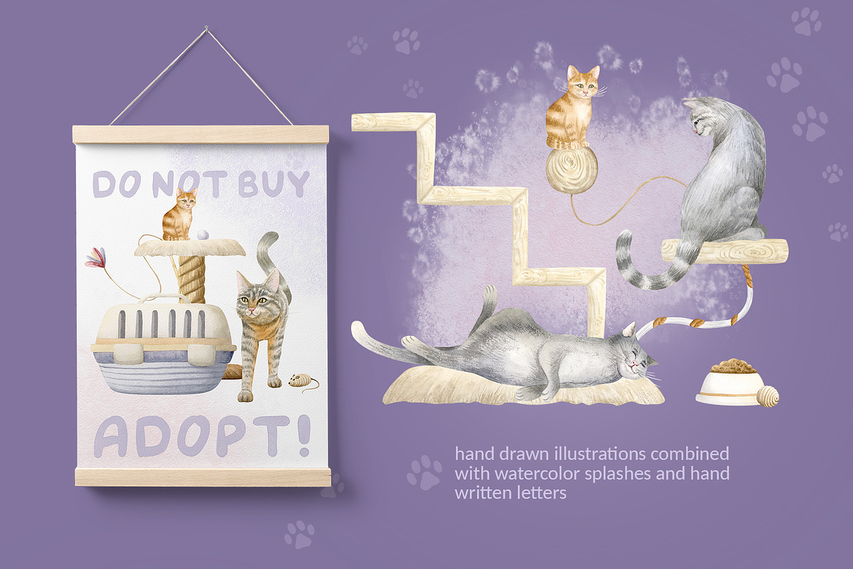 Cats Funny Toys Watercolor Clip art, an Animal Illustration by Elena Malgina Clipart (Photo 9 of 19)