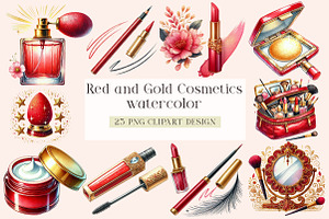 Red and Gold Cosmetics Clipart, an Illustration by DreamArtGraphic