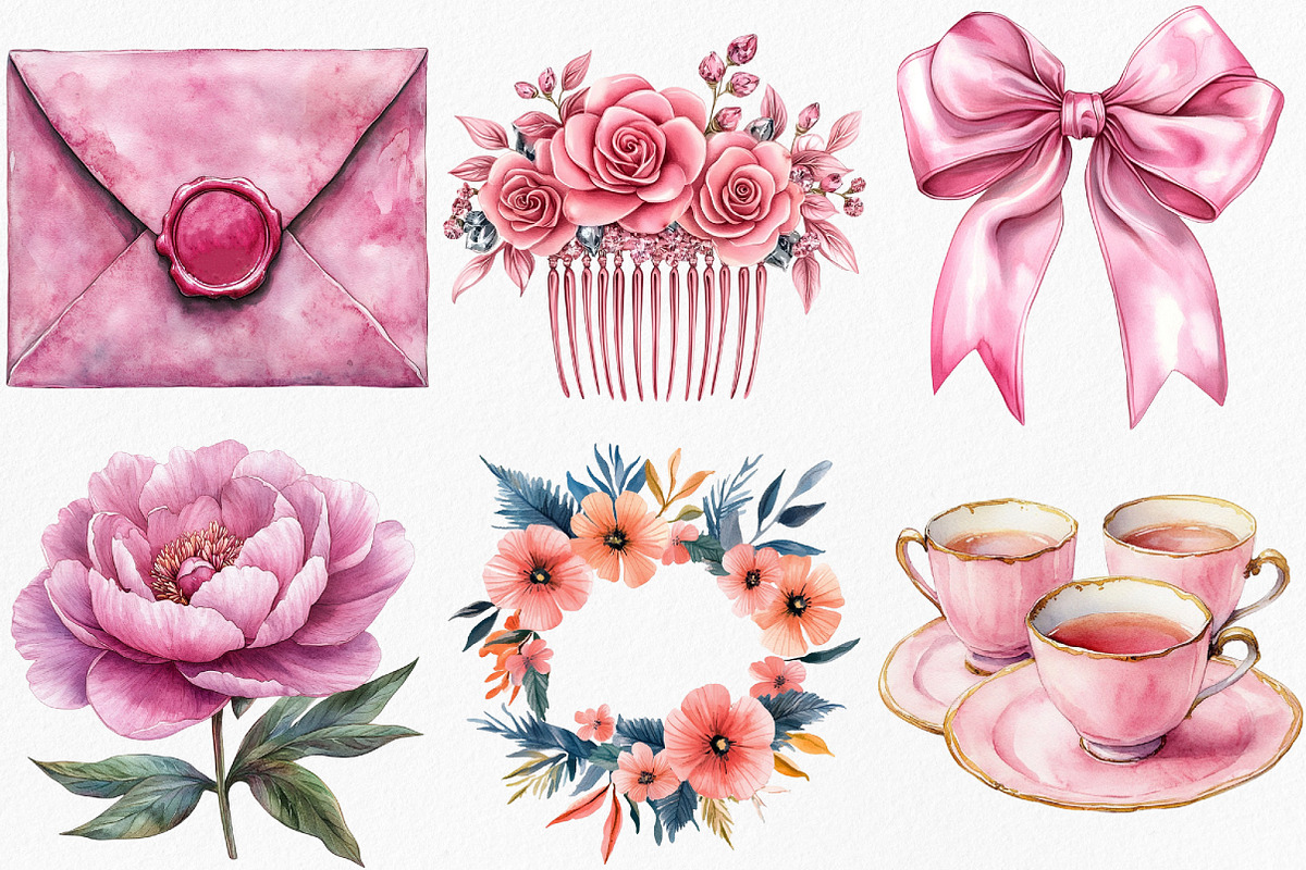 Watercolor Pink Wedding Day Clipart, an Illustration by Canvas Craft (Photo 3 of 8)