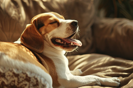 Cozy Beagle Enjoying a Relaxing Yawn on a Comfy Sofa - Generativ, an Animal Photo by José Manuel Gelpi