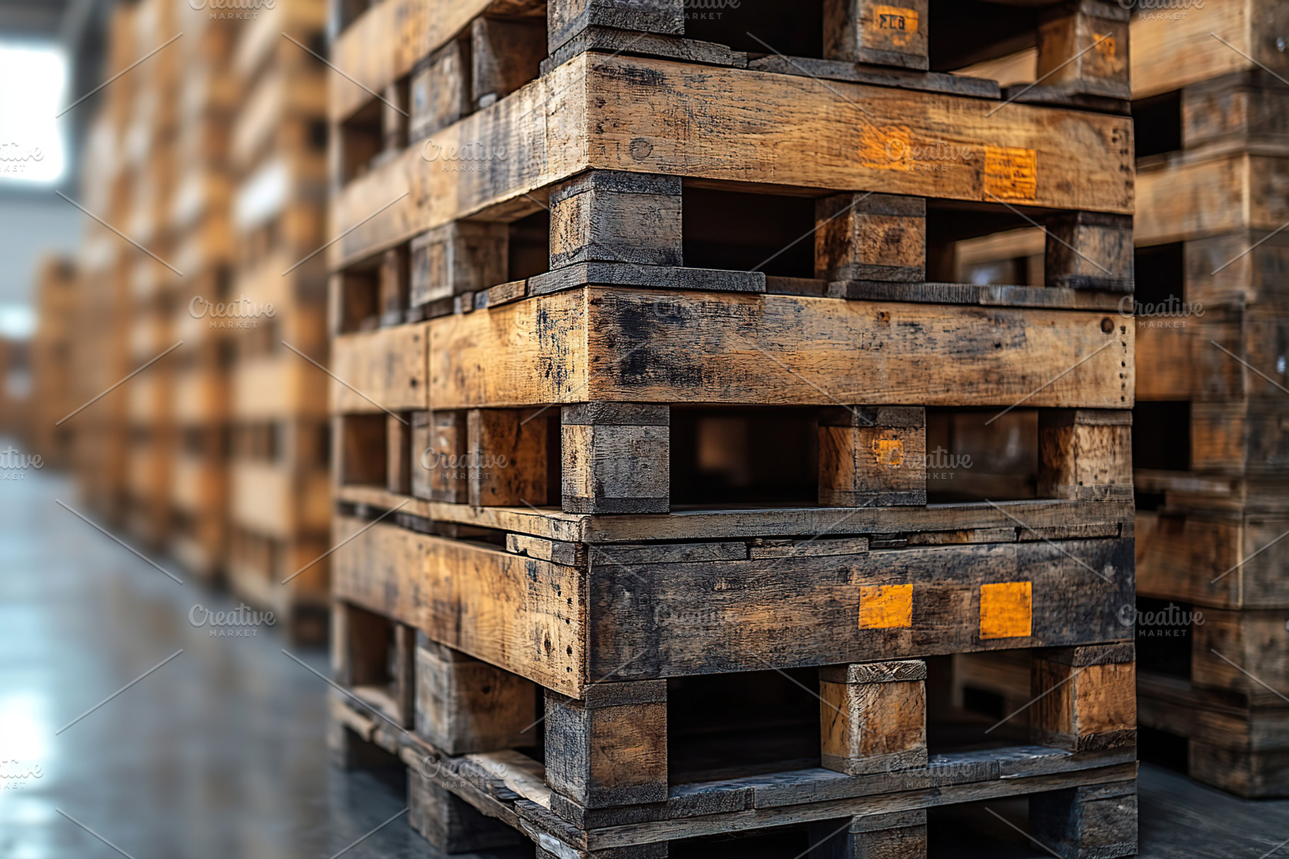 Stack wooden pallets in warehouse, a Photo by AlyaAnd