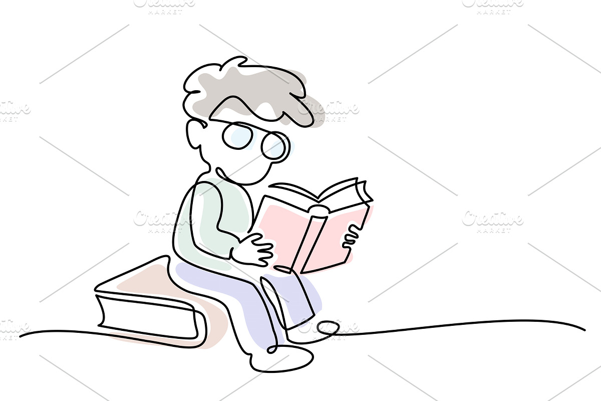 Small boy pupil reading book sitting, an Education Illustration by Valenty