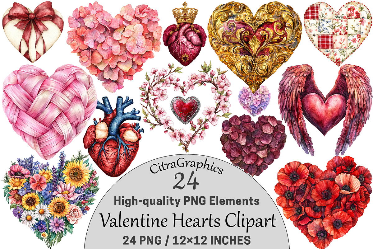 Watercolor Valentine Hearts Clipart, a Seasonal Illustration by CitraGraphics (Photo 1 of 3)