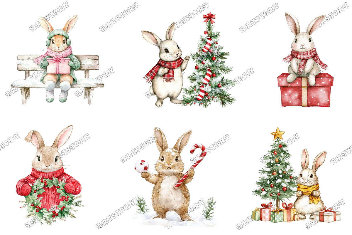 Whimsical Christmas Bunny Clipart, an Illustration by designcity5 (Photo 3 of 5)