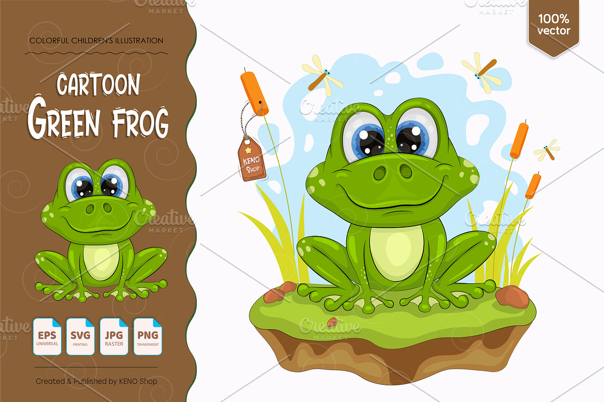 Cartoon green frog. Tshirt, PNG., an Animal Illustration by KENO Mascots (Photo 1 of 4)
