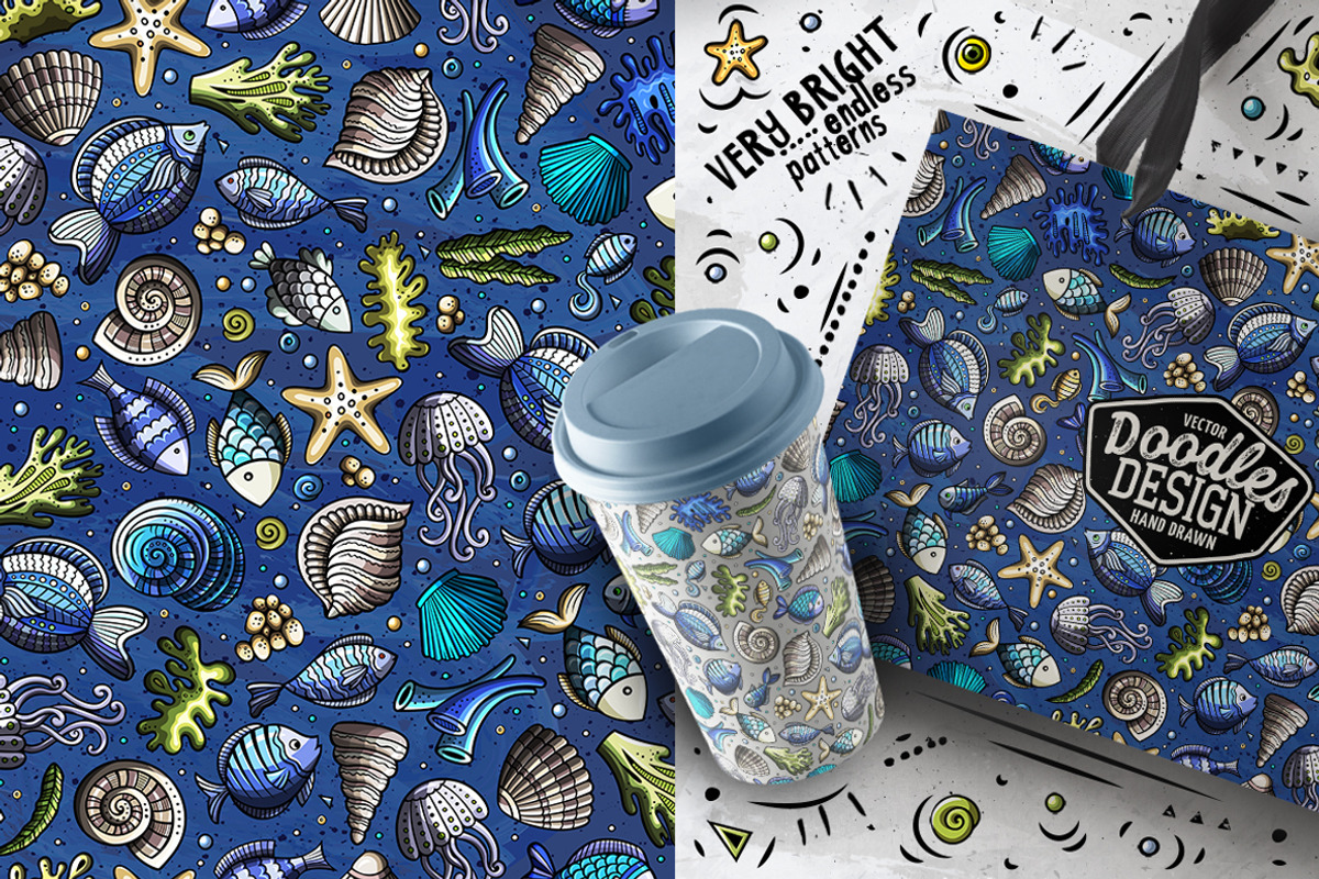 Sea Life Doodle Seamless Patterns, a Pattern Graphic by BALABOLKA (Photo 3 of 8)