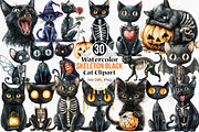 Watercolor Skeleton Black Cat Clipar, an Illustration by Canvas Craft (Thumbnail 1 of 7)