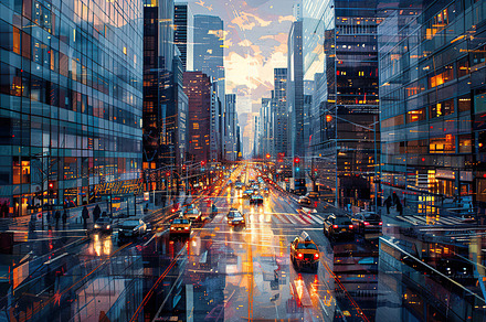 Evening downpour in a bustling city, a Photo by LOGOCREATIVE