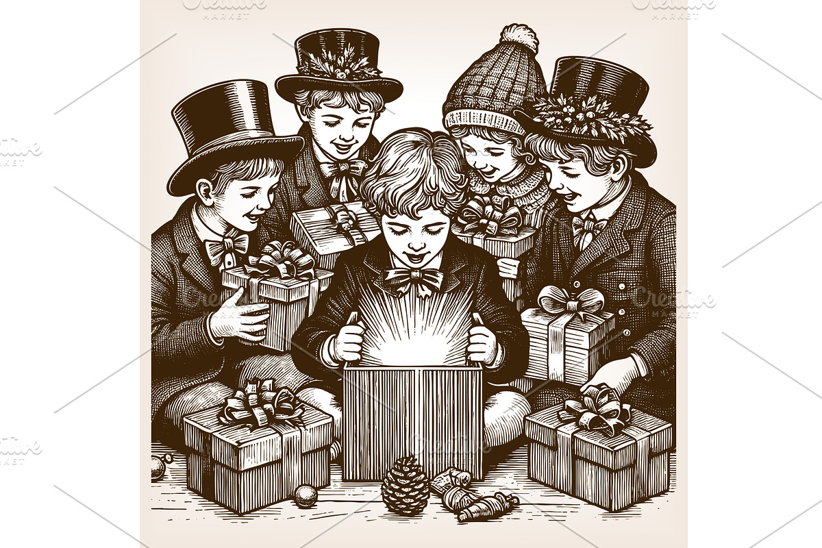 children opening Christmas gifts, an Illustration by AlexArt