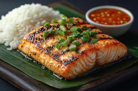 Grilled salmon fillet served with ri, a Photo by Tanuart