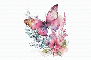 Pink Flowers Butterfly Watercolor