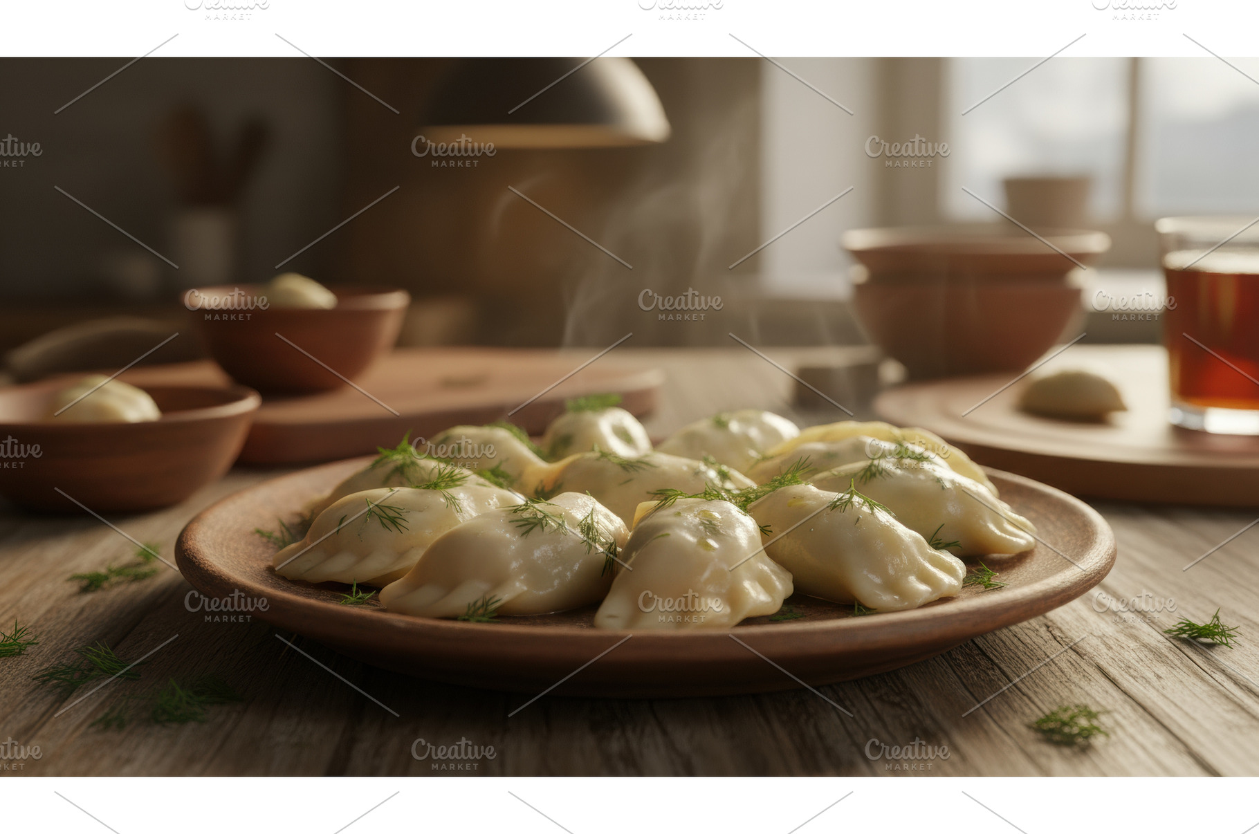 Plate of steaming Varenyky dumplings, a Food & Drink Photo by Igor Tichonow