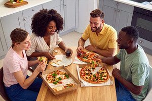 Friends Enjoying Pizza Around Table, a Photo by Davizro's Market