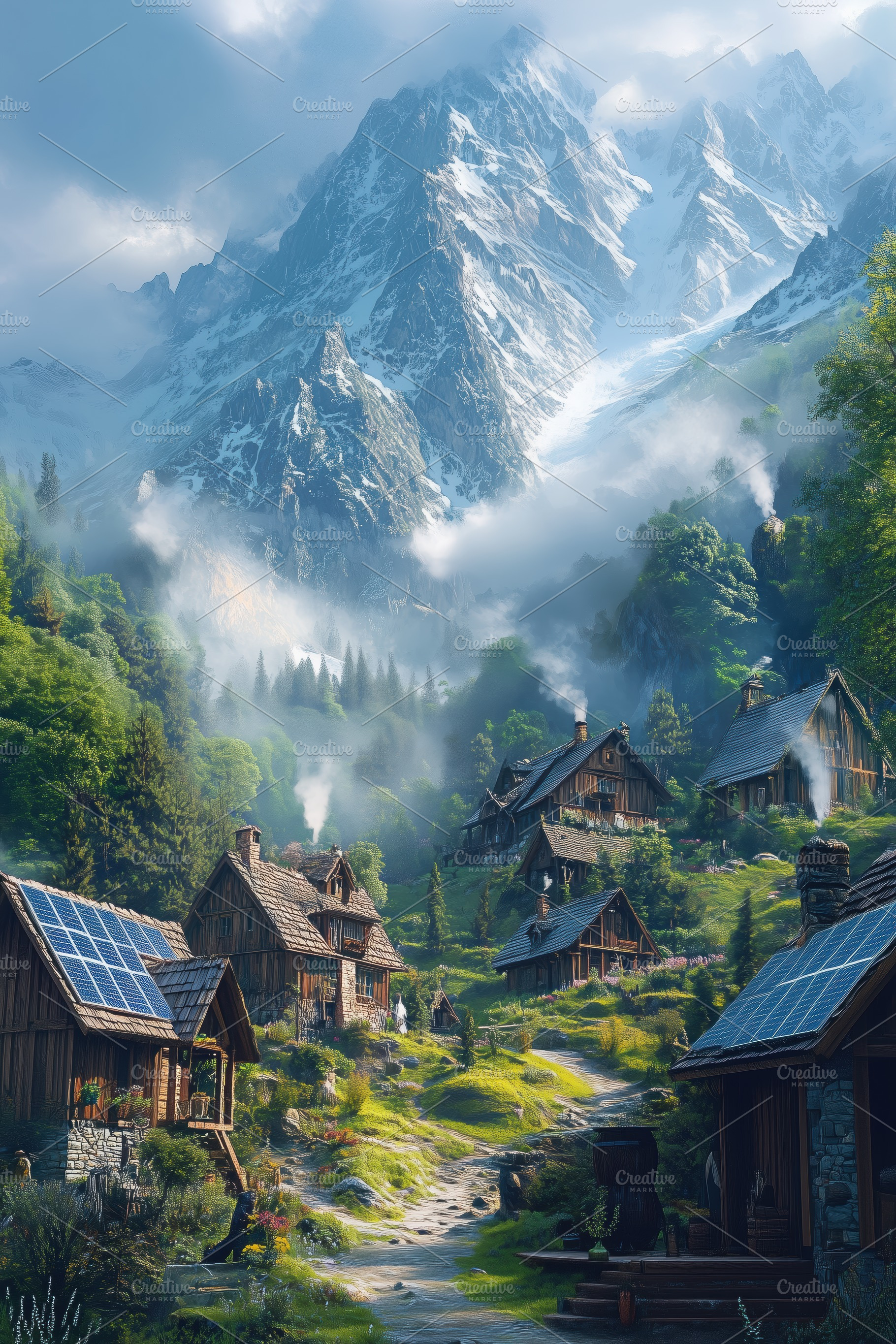 A picturesque mountain village with wooden cabins, solar panels, and lush green, a Transportation Photo by Textures & Backgrounds