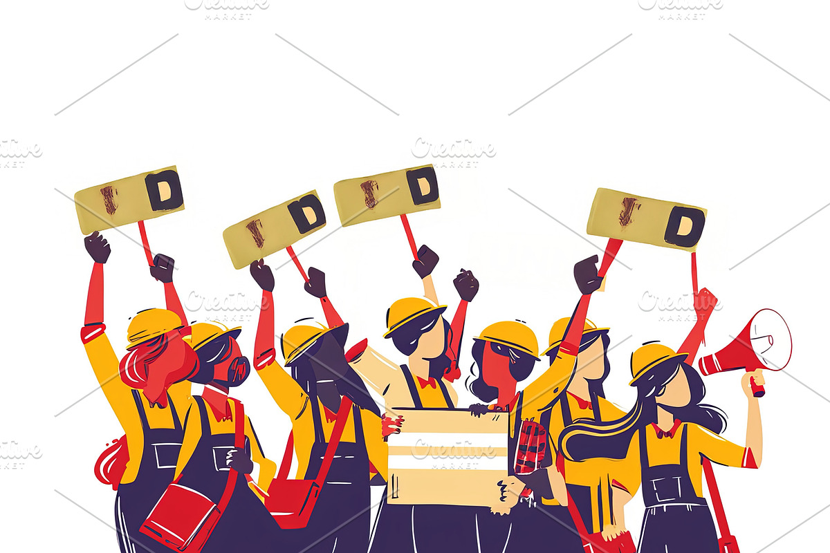 Workers uniting for a cause holding signs and demonstrating collaboratively, an Illustration by AS photostudio