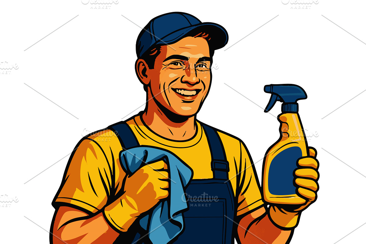 Smiling Male Cleaner with Spray, a Person Illustration by AlexArt
