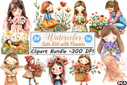 Cute Girl with Flowers Clipart, an Illustration by DreamCafeArt (Thumbnail 1 of 8)