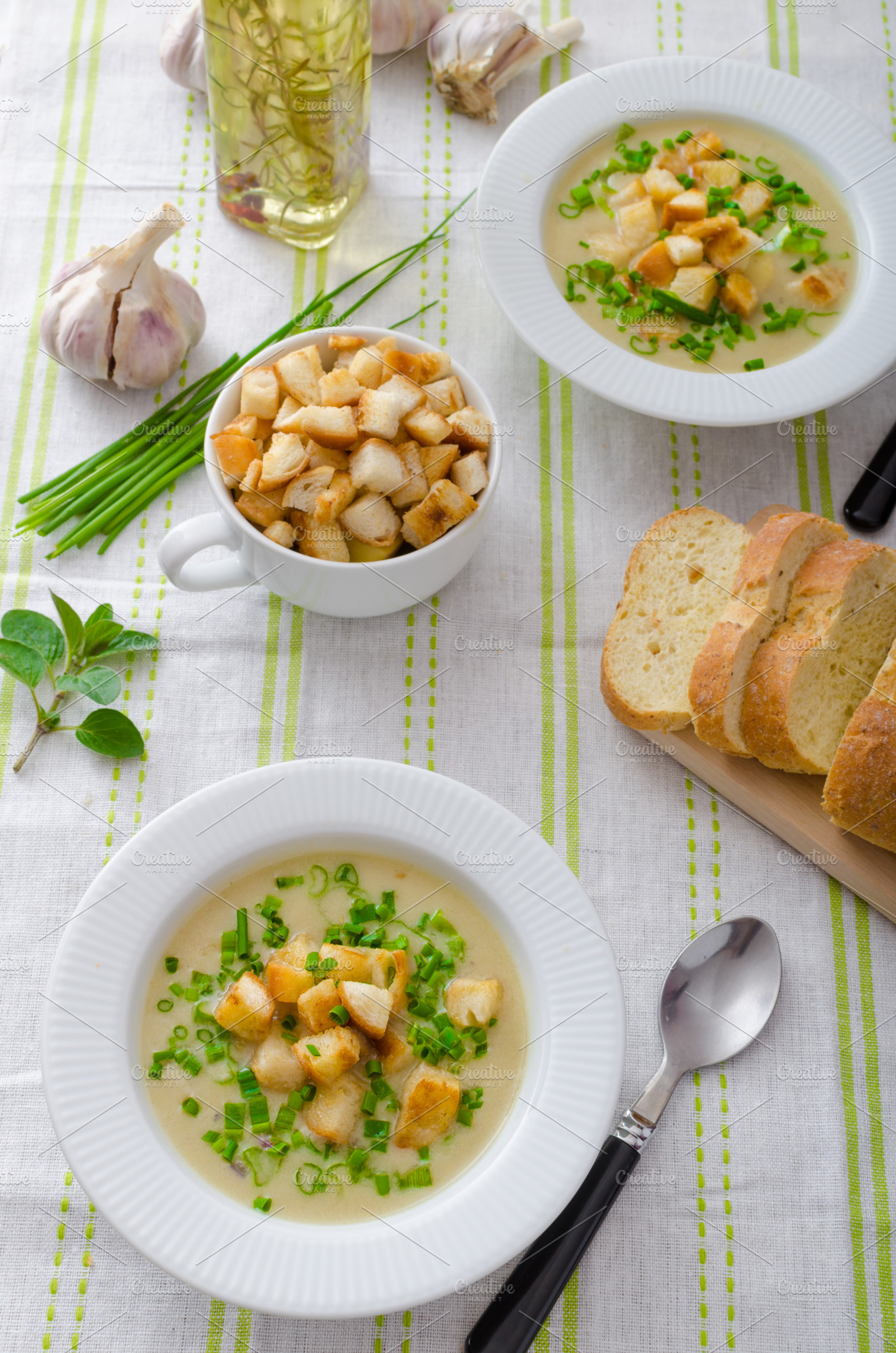 Garlic soup with croutons spring onions and chives stock photo containing, a Food & Drink Photo by Stepanek Photography