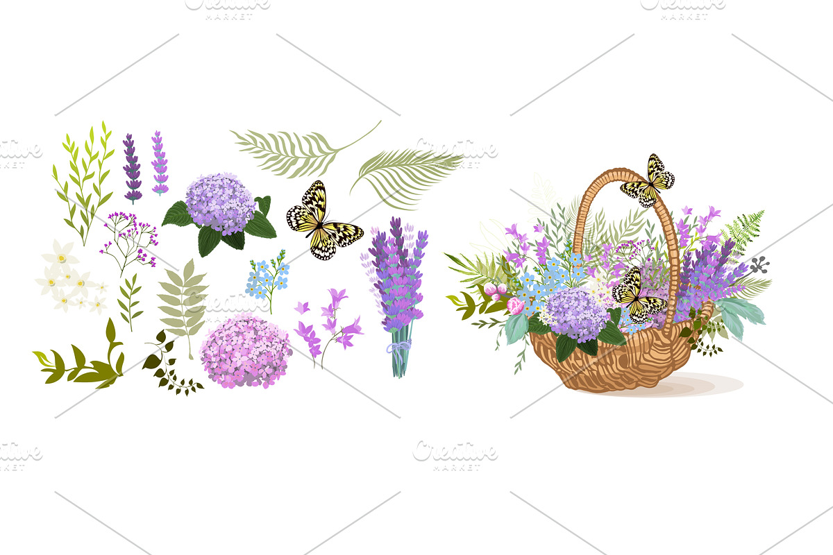 Basket with flowers. Set of flowers, an Object Illustration by Nenahliadava Design