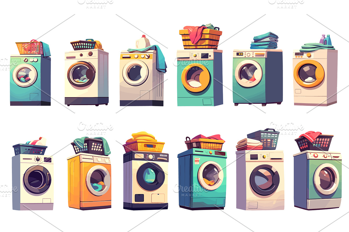 Set of cartoon washing machines with, an Object Illustration by LadadikArt