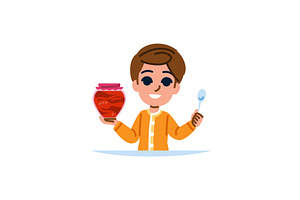 Smiling boy holding jar and spoon, a Food Illustration by pikepicture