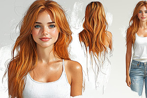 Smiling woman with long red hair wearing casual denim jeans and a white top, an Illustration by AS photostudio