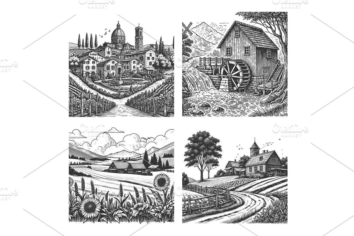 Countryside Landscapes and Farms set, an Illustration by AlexArt
