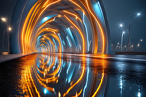 Vibrant neon rays illuminate an urban tunnel at night, creating a mesmerizing a, an Abstract Photo by AlyaAnd