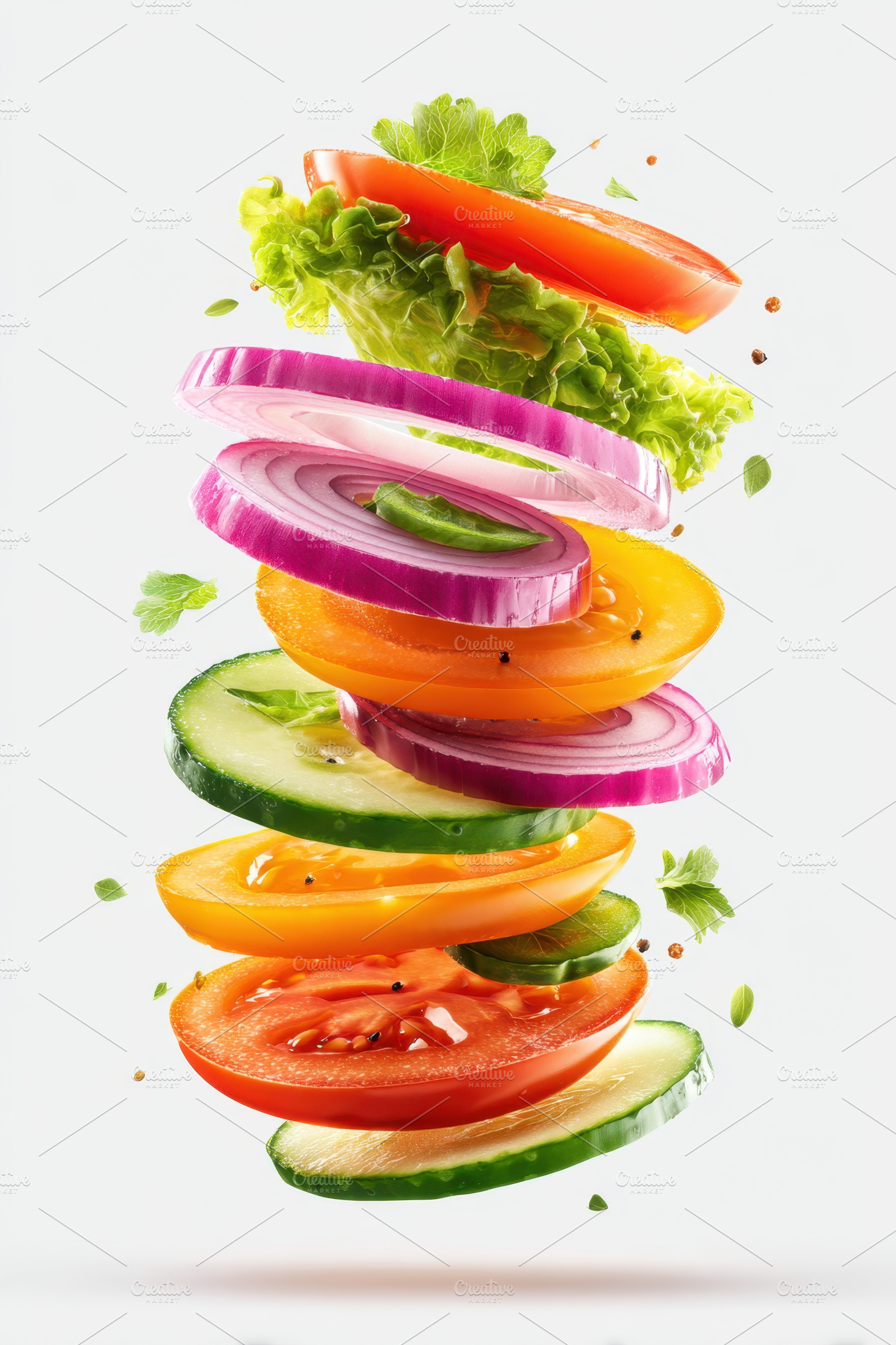 Colorful sliced vegetables floating in mid-air, a Food & Drink Photo by AlyaAnd