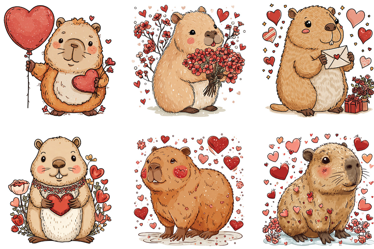 Watercolor Capybara Valentine Clipar, an Illustration by CraftArtStudio (Photo 2 of 6)