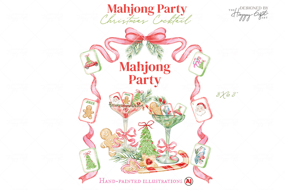 Christmas Mahjong Cocktail Clipart, a Decorative Illustration by TheHappyGiftArt (Photo 7 of 10)
