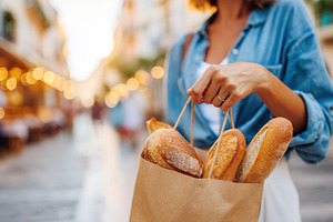 Woman carrying fresh bread in a bustling street, a Food & Drink Photo by AlyaAnd
